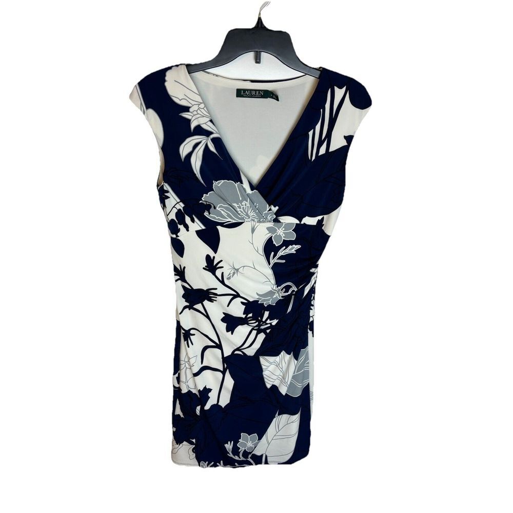 Ralph Lauren Shift Dress Size 4 Side Gathered Skirt Knee Length Cap Sleeves